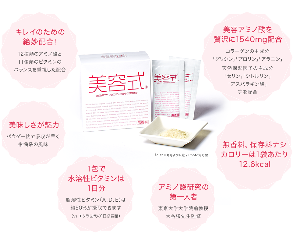 キレイのための絶妙配合！ 12種類のアミノ酸と11種類のビタミンのバランスを重視した配合 美味しさが魅力 パウダー状で吸収が早く柑橘系の風味1包で水溶性ビタミンは1日分 脂溶性ビタミン（A、D、E）は約50％が摂取できます（vs ゴールデンエイジ世代の1日必要量）美容アミノ酸を贅沢に1540mg配合 コラーゲンの主成分「グリシン」「プロリン」「アラニン」天然保湿因子の主成分「セリン」「シトルリン」「アスパラギン酸」等を配合無香料、保存料ナシカロリーは1袋あたり12.6kcalアミノ酸研究の第一人者 東京大学大学院前教授大谷勝先生監修